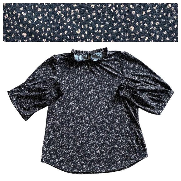 Adrianna Papell Ruffle Polkadot Blouse Keyhole Back Black Tan Top - Picture 1 of 9